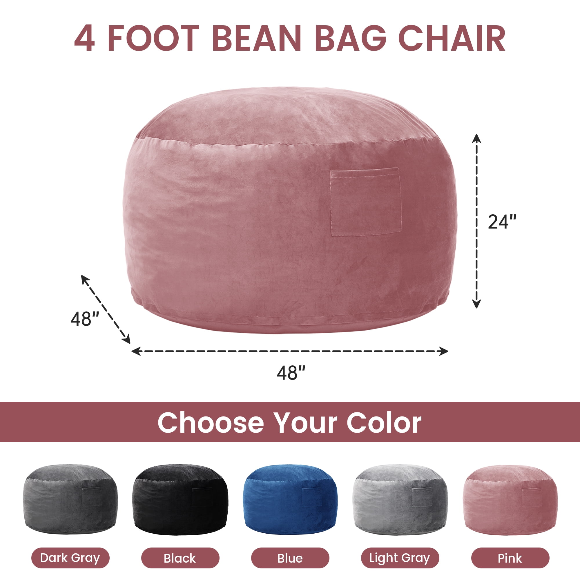 TUAREX 4FT Bean Bag Chair, Memory Foam Bean Bag Chairs for Adults, with Removable Washable Soft Suede Cover, Comfy Beanbag Sofa for Living Room, Bedroom, Pink