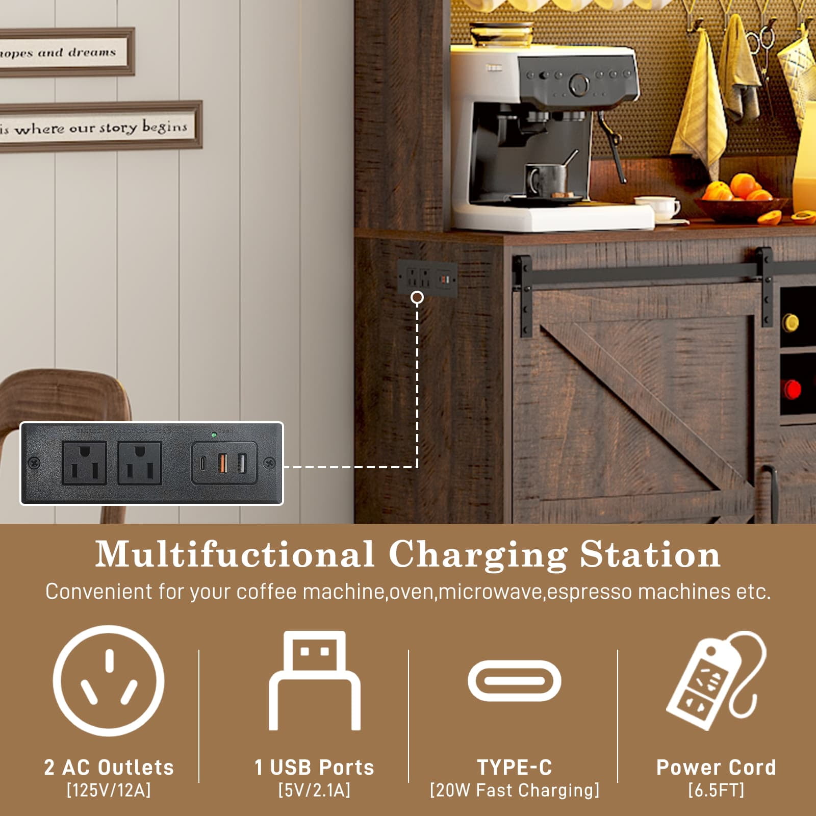 74" Farmhouse Kitchen Pantry Storage Cabinet with LED Light & Charging Station, 63" W Coffee Bar Cabinet Kitchen Cupboard with Hutch and Sliding Barn Doors, Pegboard