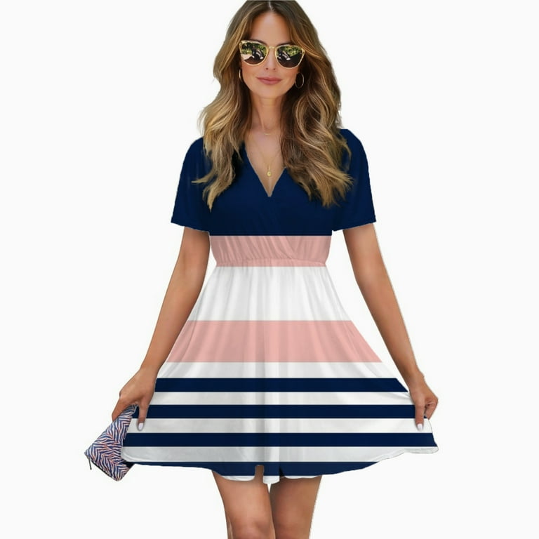 pink and navy striped dress Pink White Navy Stripes Design Women Dress V-Neck Short Sleeve Flowy Swing  Party Midi Dress