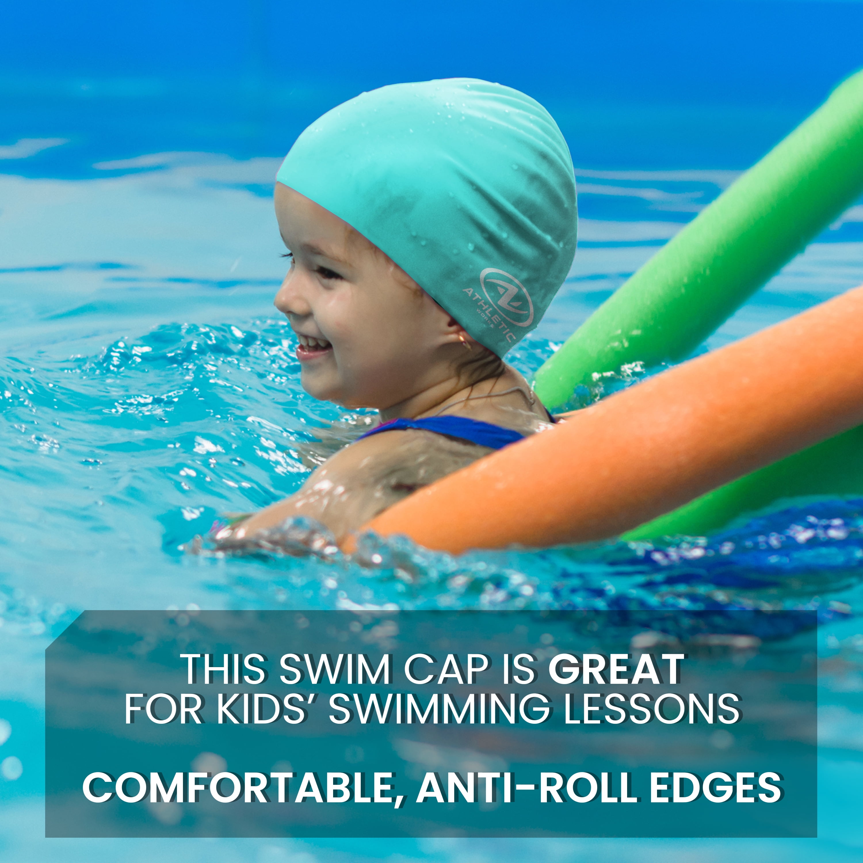 (2 pack) Athletic Works Junior Size Teal Silicone Swim Cap, Unisex, 8.25" x 7", 40g