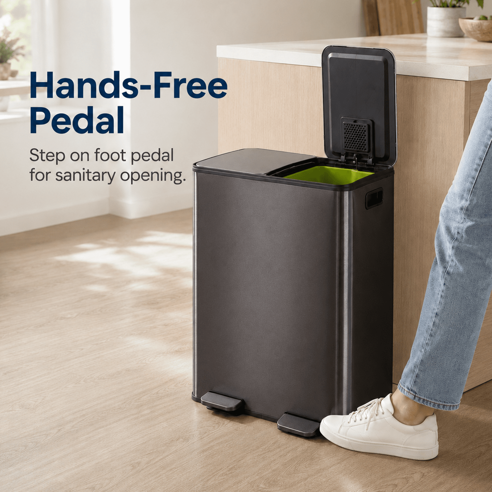 Alvantor Dual Bin Trash Can, 2 x 8 Gallon (2 x 30 L) Garbage Can for Kitchen, Soft-Close Lid and Removable Inner Buckets, Odor Control, Fingerprint-Resistant, Stainless Steel