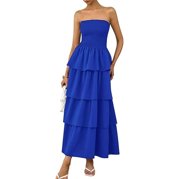 PRETTYGARDEN Women's Maxi Dress Summer Off Shoulder Smocked Tiered Ruffle Long Flowy Dresses Casual Beach Sundress