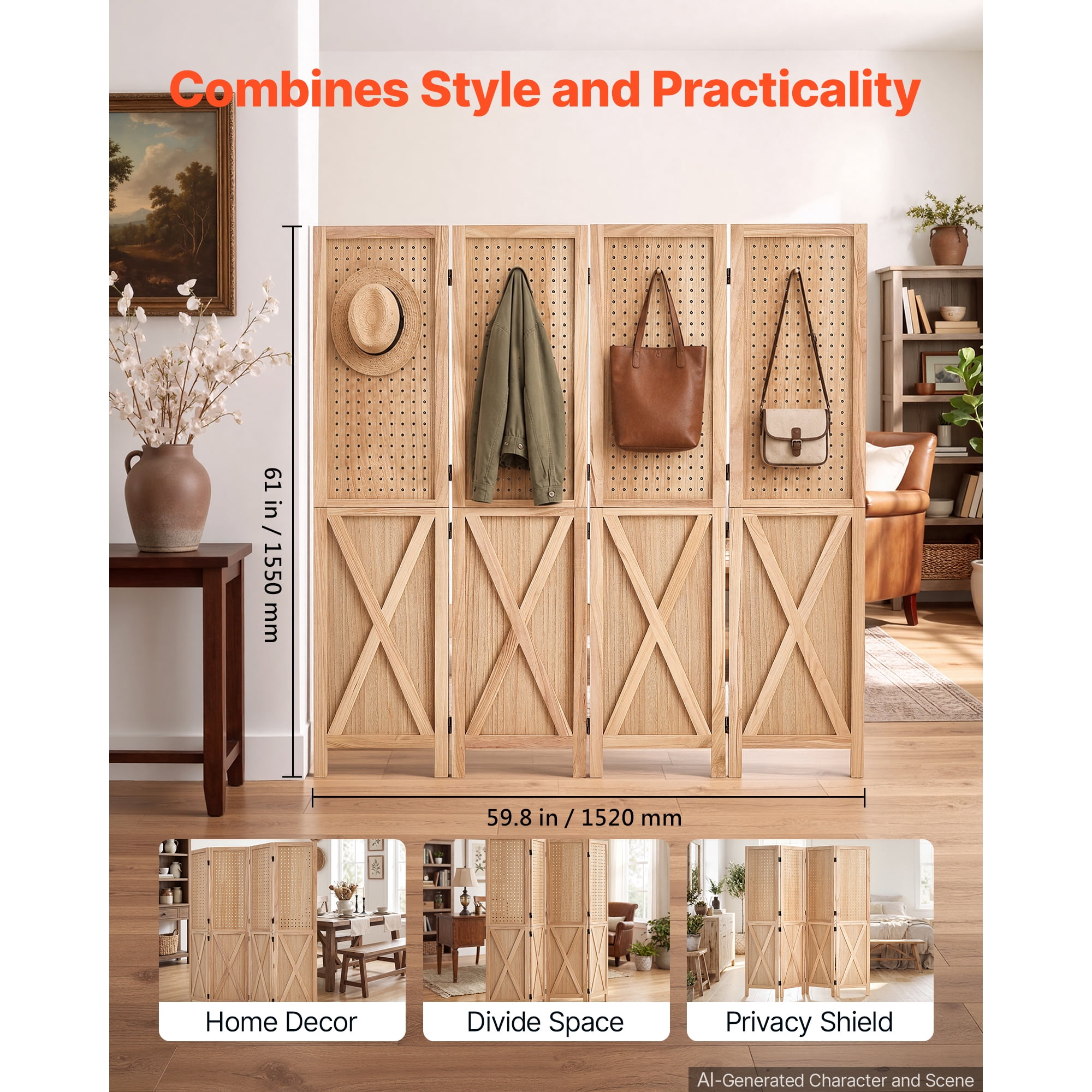 KFFKFF Wood Room Divider with 4 Panels, 59.8" Pegboard Folding Privacy Screen for Home Decor and Room Separation, Solid Frame with X Design, 360° Two-Way Hinges, Rustic Wooden Partition with Hardware