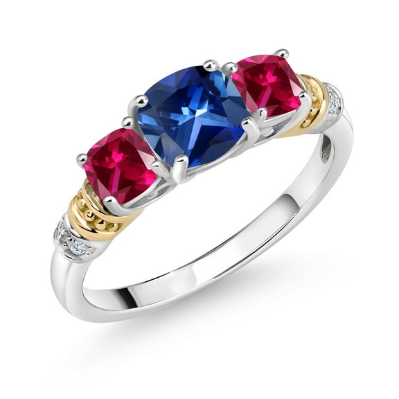 Gem Stone King Blue Created Sapphire Red Created Ruby and Diamond 3-Stone Ring for Women | 925 Silver and 10K Yellow Gold | 1.76 Cttw | Cushion 6MM and 4MM |  Available in Size 5, 6, 7, 8, 9 | Size 9