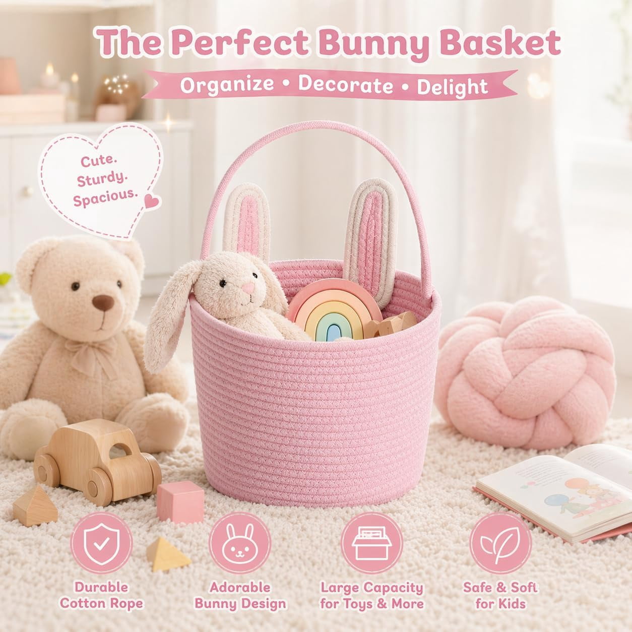 Easter Basket Bunny Design, Gift Basket with Handle, Cute Storage Basket for Eggs Candy Toys, Decorative Organizer for Party Holiday Gifts