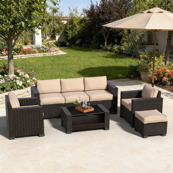 JMGJOY 7 PCS Outdoor Wicker Furniture Set, Sectional Rattan Patio Sofa with Thick Cushions & Glass Top Coffee Table, Patio Conversation Set for Garden Backyard (Dark Brown Rattan & Khaki)