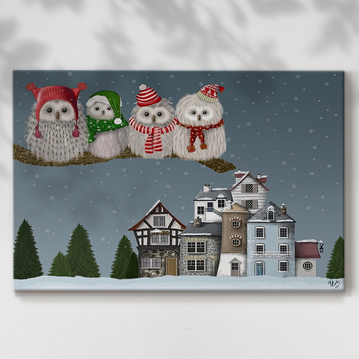 Christmas Christmas Owl Village- Gallery Wrapped Canvas