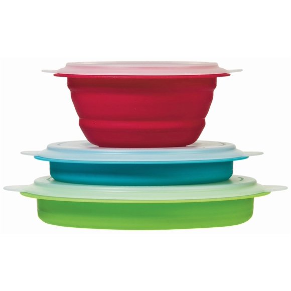 Progressive International Bol de Cuisine CB-20 Ensemble de Bols de Rangement; Bleu/vert/rouge; Rond; s'Effondre à la Moitié de Sa Taille Originale; Lavable au Lave-Vaisselle; Plastique Polypropylène; Ensemble de 3; avec Couvercle à Pression