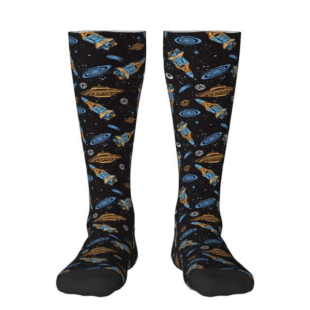 Fotbe Space Rocket Calcetas Divertidas Estampadas para Hombre y Mujer, Calcetas de Algodón hasta la Rodilla para Caminar, Correr, Enfermería y Embarazo
