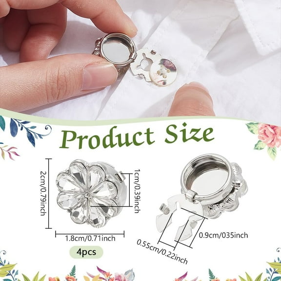 4Pcs Rhinestone Buttons Cover Sleeve Buttons Cover Flower Buttons Cover Detachable Shirt Button Clips Buttons Jewelry for Dress Suit Tux Shirt Accessories Platinum