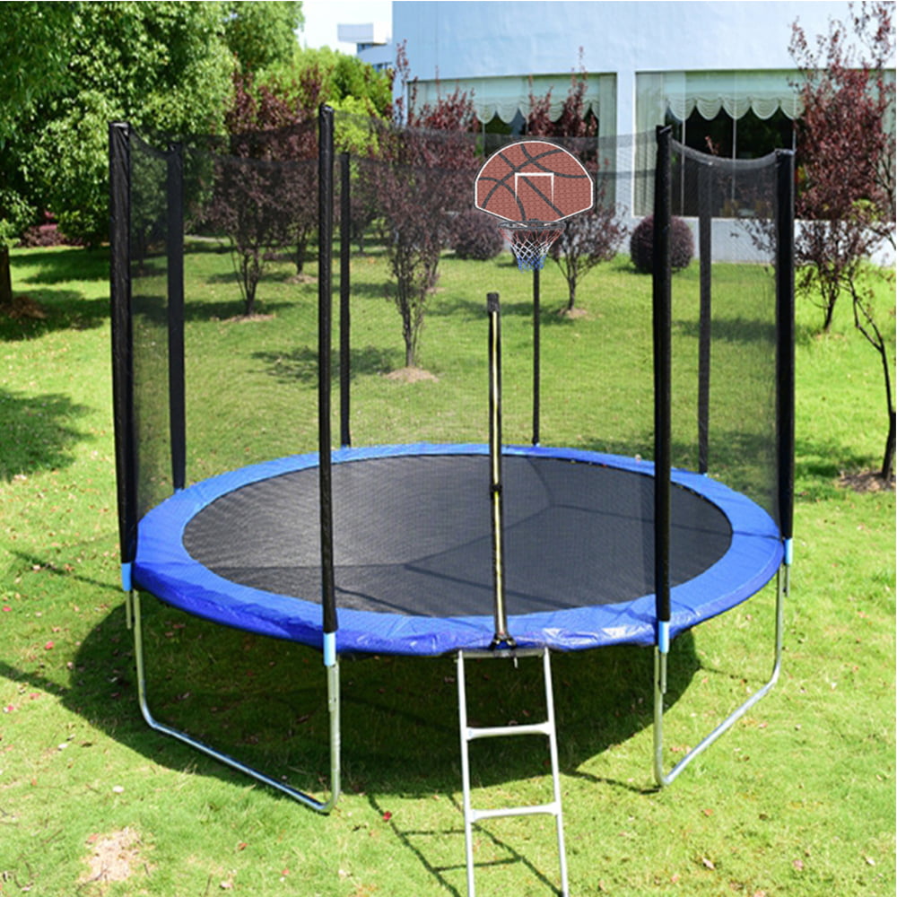 12FT Trampoline, 2021 Upgraded Outdoor Round Trampoline with Safety, Enclosure, Basketball Hoop and Ladder, Outdoor Trampoline for Family School Entertainment, Heavy Duty Frame and Coiled Spring, B01