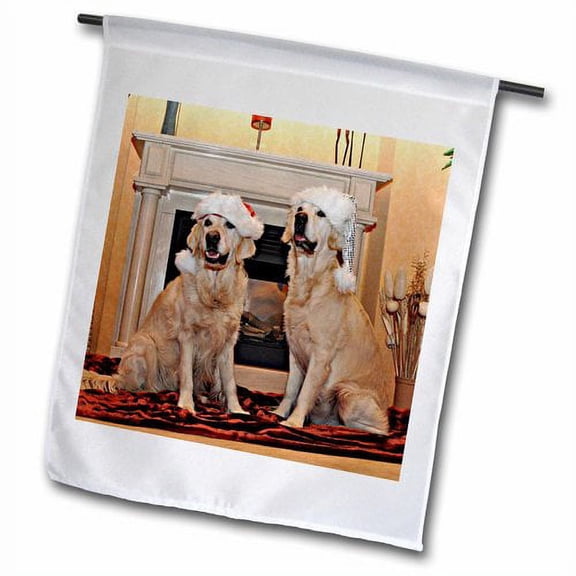 3dRose, Two Golden Retrievers in Santa Hats by the Fireplace, 18 x 27 inch Garden Flag