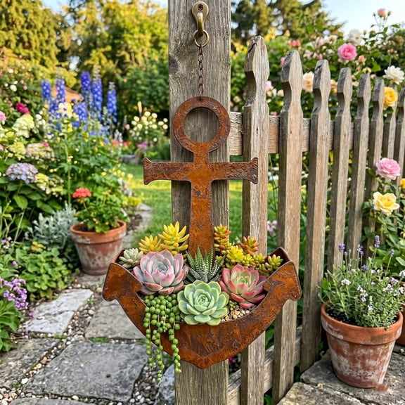 Rusty Anchor Hanging Flower Pot, Wall Mounted Succulent Holder, Nautical Coastal Style. For Patio, Balcony, Porch, Fence, Indoor Outdoor, Beach House Decor(RL 1 PC)