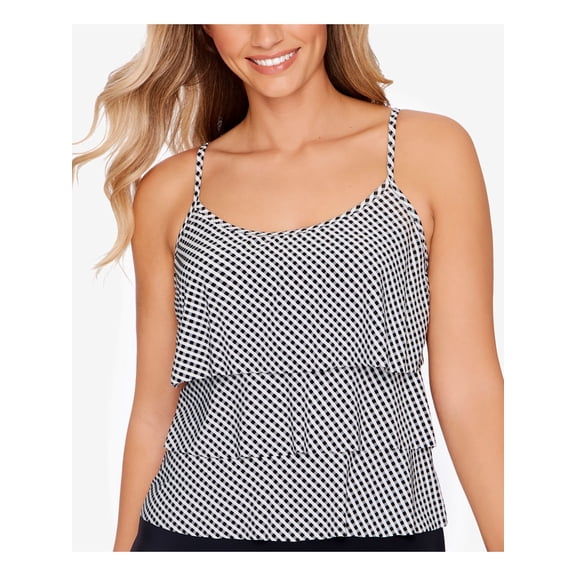 SWIM SOLUTIONS Women's Black Gingham Full Bust Support Triple Tier Lined Stretch Ring Scoop Neck Tankini Swimsuit Top 14