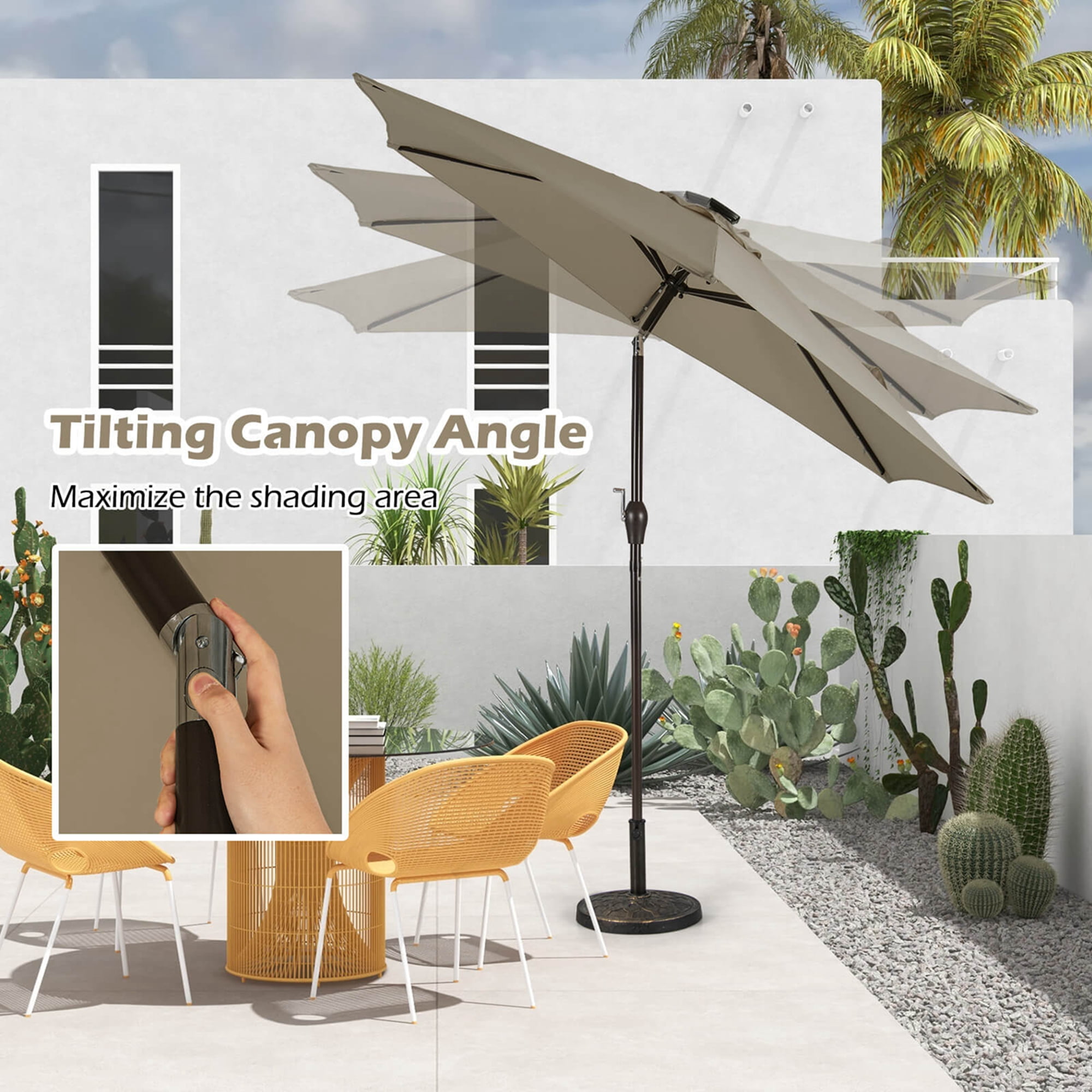 Costway 9ft Patio Solar Umbrella LED Patio Market Steel Tilt w/ Crank Outdoor (Tan)