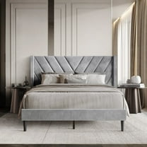 Castle Place Sophisticated Wingback Velvet Upholstered Queen Platform Bed, Silver Grey