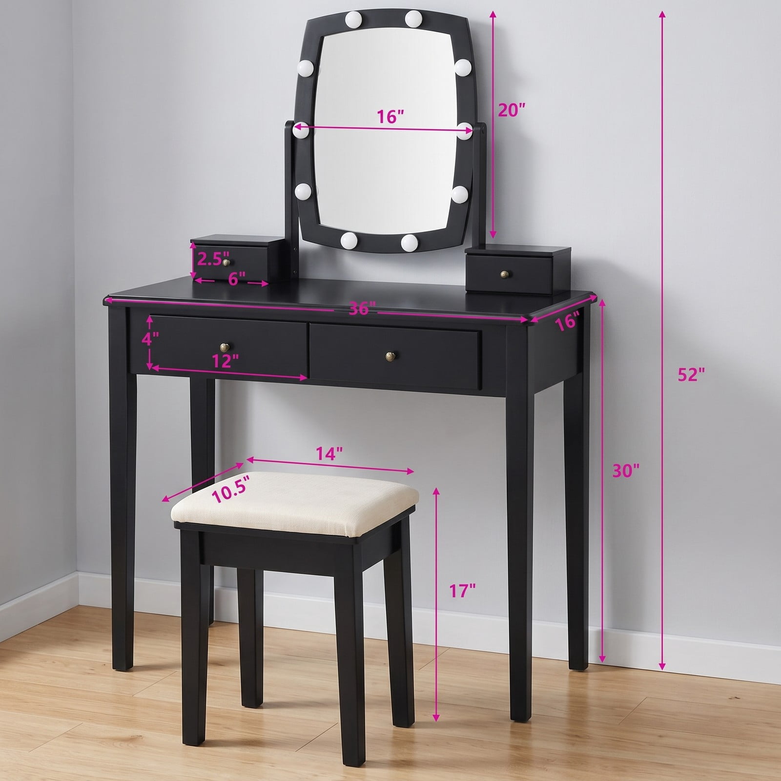 Furnibear Vanity Table Set with 10 Dimmable Bulb Lighted Mirror and Cushioned Fabric Stool and Drawers for Bedroom and Dressing Room, Black