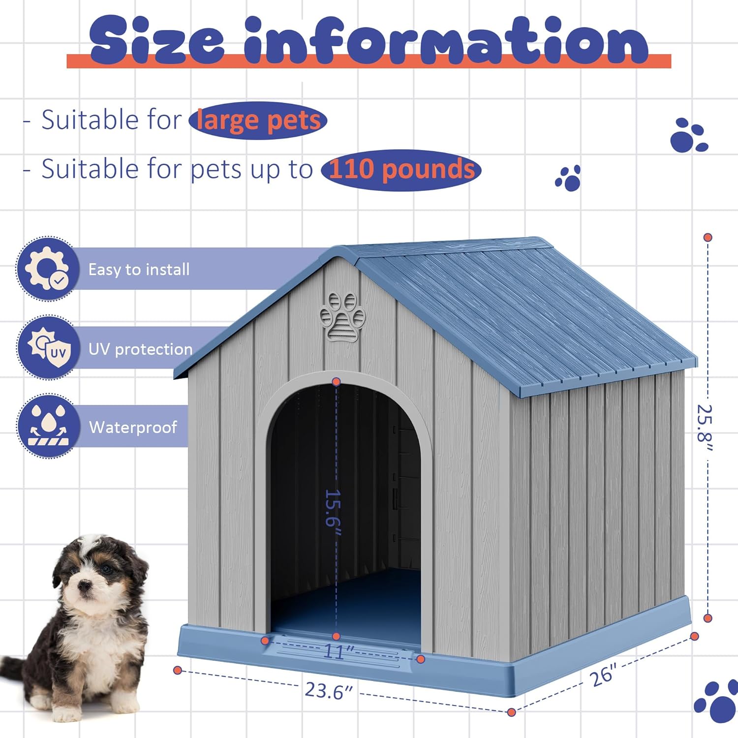 Dog House Outdoor Indoor, Plastic Small Dog House-Weatherproof Design with Air Vents & Elevated Floor for Small to Medium Dogs, Easy Clean and Assemble (Blue)