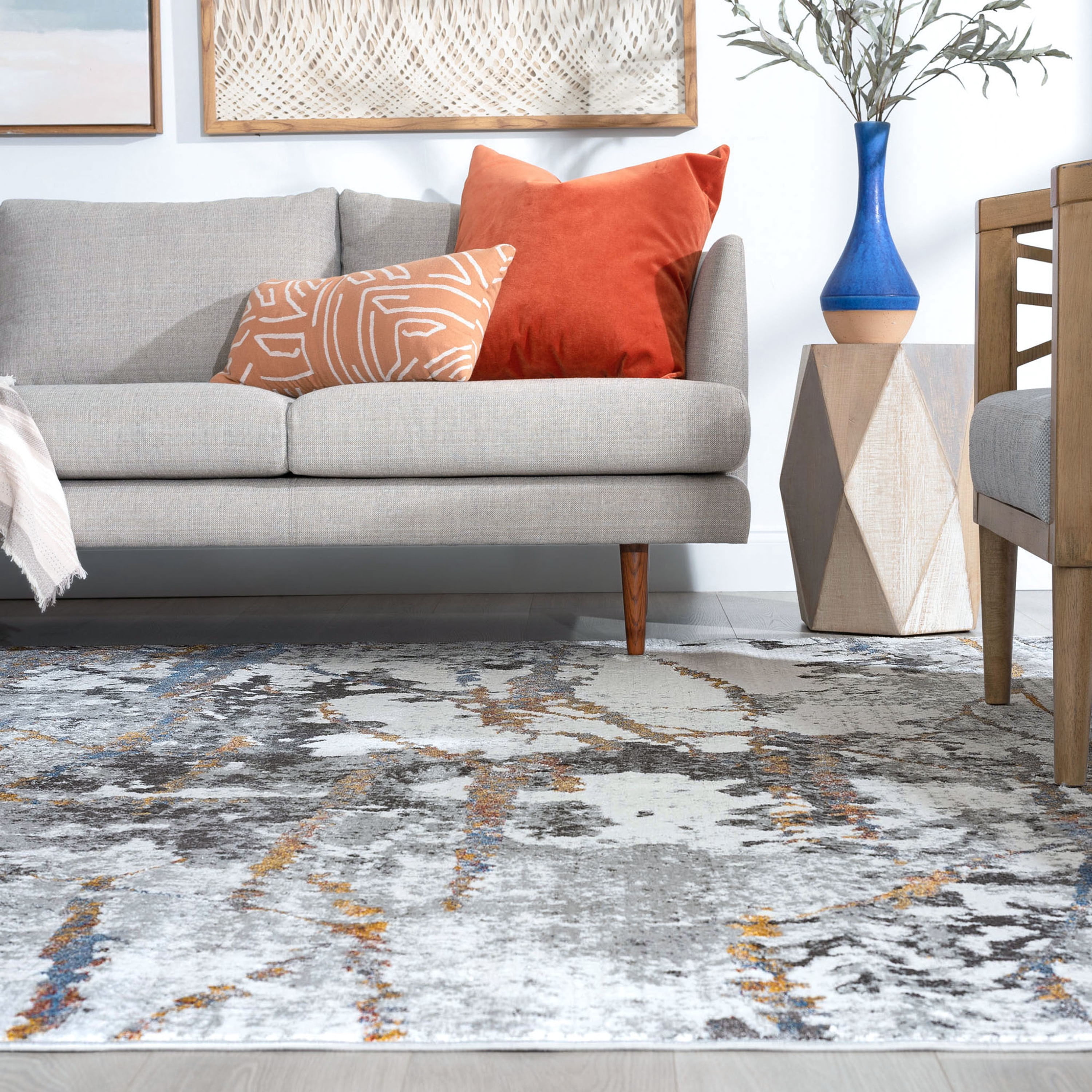Contemporary 5x8 Area Rug (5'3'' x 7'3'') Abstract Gray, Teal Living Room Easy to Clean