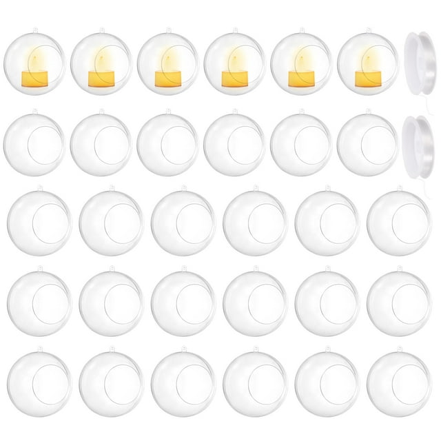 Uxcell 30 Pcs Soportes de Tealight Colgantes Esferas 4" Bolas de Acrílico Recargables, Contenedor de Adornos Navideños de Plástico para Decoración de Fiestas en el Hogar DIY