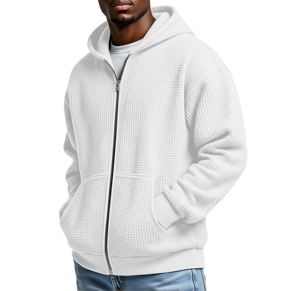 Sweatshirt for Men Waffle Full Zip Up Hooded Sweatshirts Long Sleeve Solid Hoodie Jacket Spring 2026 Casual Loose Fit Coat