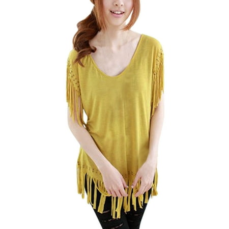 Lady Studded Tassel Hem Dolman Sleeve Loose Shirt Curry Color