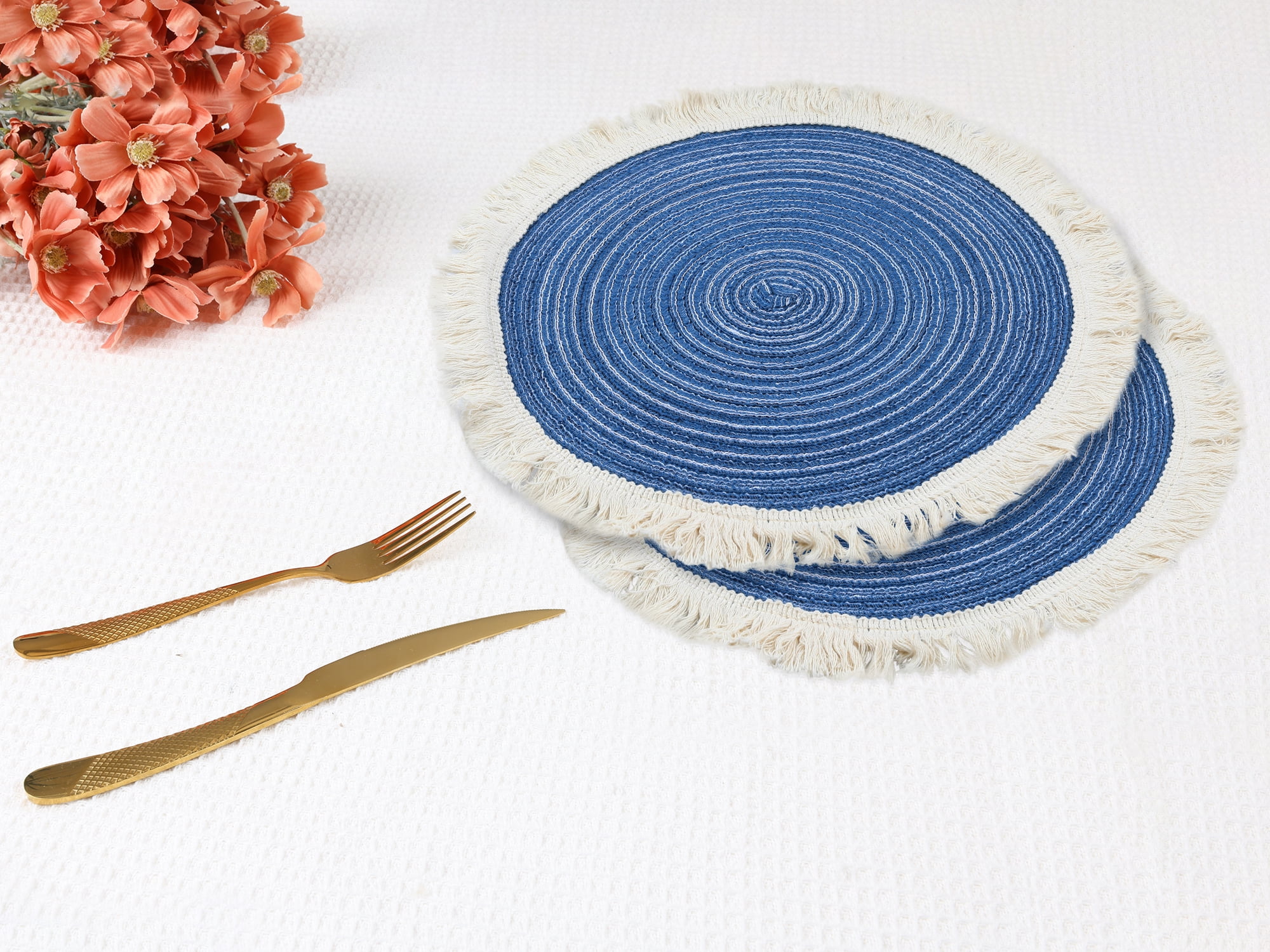 Unique Bargains Rustic Rattan Place Mats Set of 6 for Dining Table Decor Blue 15x15in