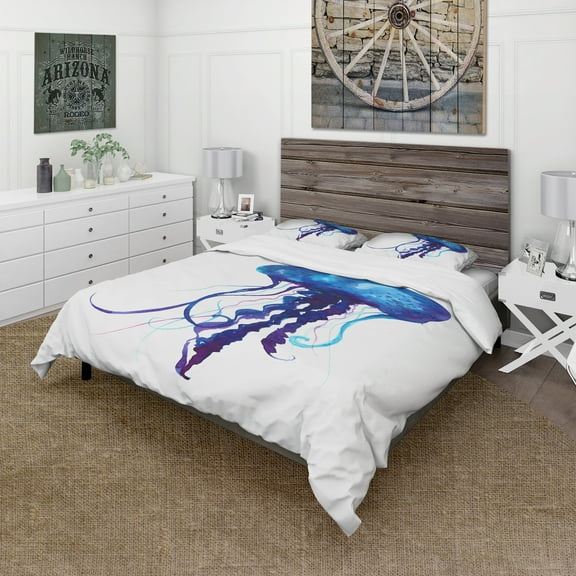 Designart 'Dark Blue Jellyfish Watercolor' Animal Duvet Cover Set