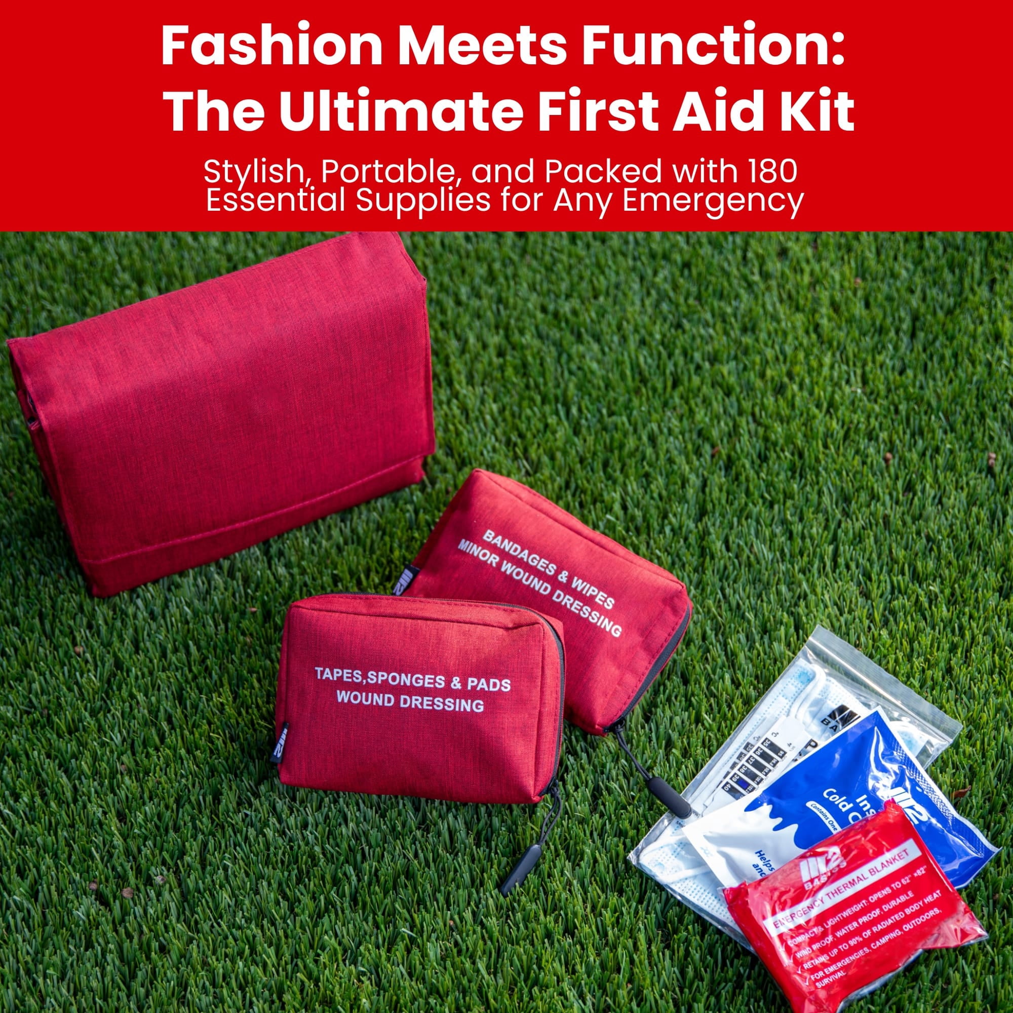 M2 BASICS Premium First Aid Kit (Includes 2 Mini Kits + Stylish Bag) Luxury Red