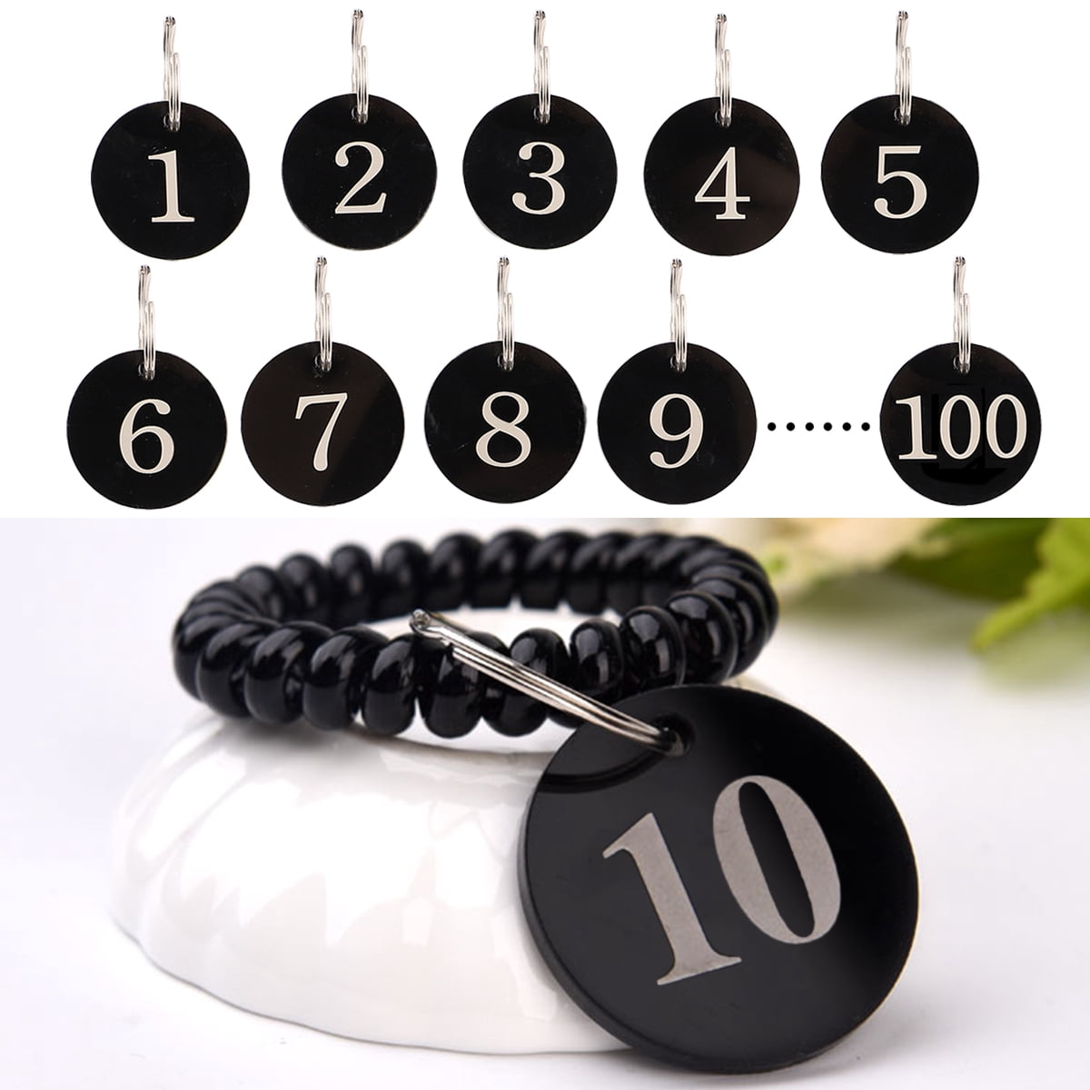 ROMANSENTIAL Engraved Number Tags Number Tag Rings Black Acrylic 100Pcs for Supermarket Use