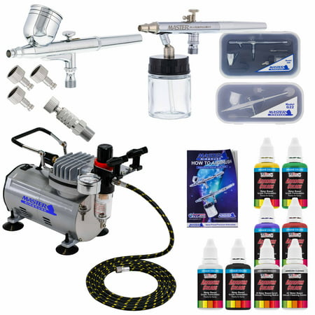 2 AIRBRUSH SYSTEM KIT w/ 6 Primary Paint Color Set, Air Compressor