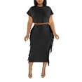 thumbnail image 4 of ZAZYULZ Women's Solid Color Tassel Round Neck Short Sleeve Long Skirt Set(Black,S), 4 of 9