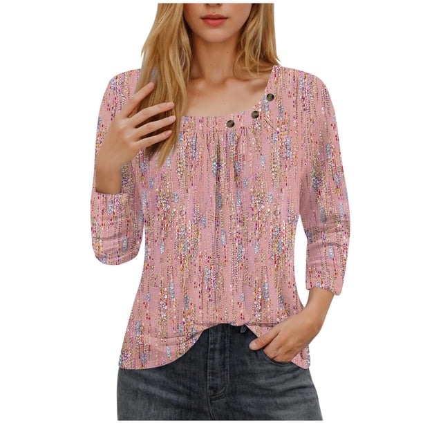 Blusas para las Mujeres Casual, 3/4 Manga Floral Estampado Camiseta de Moda Top Hecho de Poliéster Transpirable Suave para el Uso Diario de Primavera Otoño, Tops de Blusa para las Mujeres