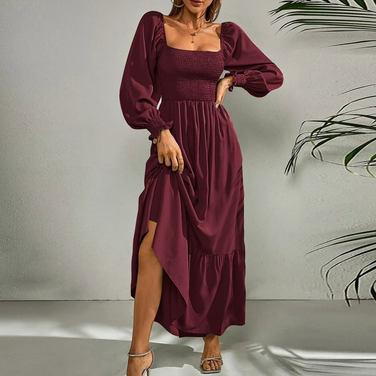 Sentmoon Pleated Womens Dresses Long Sleeve Square Neck Holiday Dresses for  Women High Waist Ruffle Solid Color Short Dresses,Fit & Flare Workout  Womens Fashion Wine S - Walmart.com