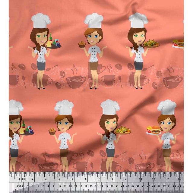 Soimoi polyester Crepe Fabric Cook Girl Print Fabric by the Yard 52 Inch Wide