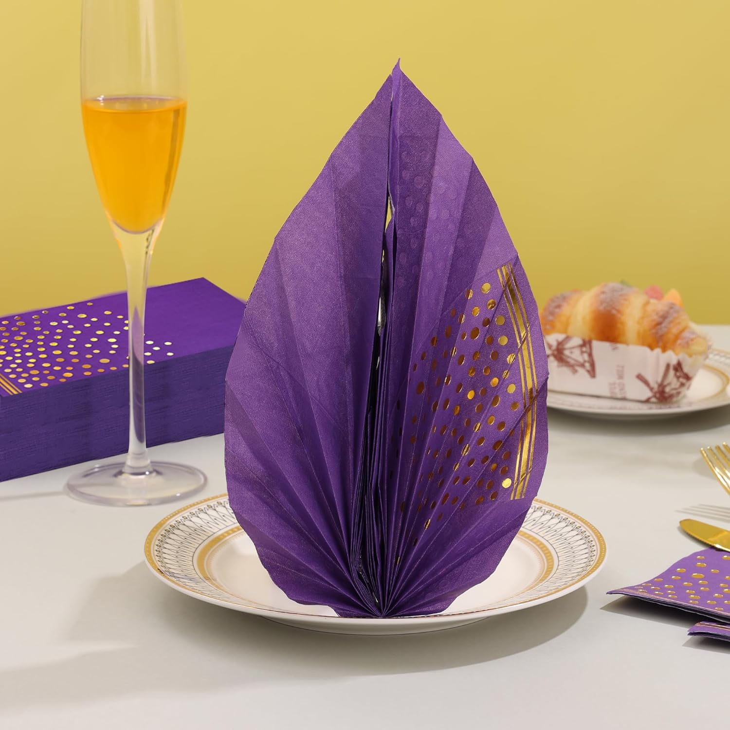 100 Pcs Purple Paper Napkins Disposable - Purple Gold Dot Dinner Party Napkins for Bathroom Wedding Anniversary Birthday Mardi Gras Party Supplies