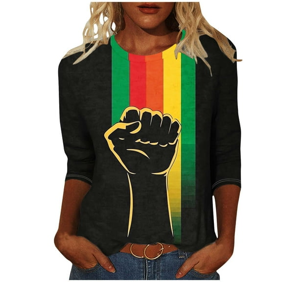 miqiqism Casual Shirt for Women Fist Ptinted Tees Crewneck Pullover Tunic Tshirts 3/4 Length Sleeve Blouse Black History Month Loose Clothing,01_Multicolor,Medium