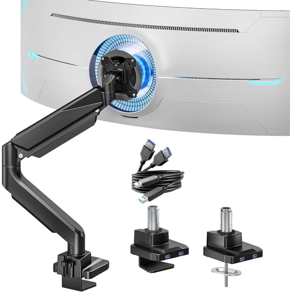 ARES WING Single Monitor Arm with USB, Heavy Duty Adjustable Monitor Arm for 13"-49" Screens, Gas Spring Monitor Arm Desk Mount with Clamp & Grommet Base Holds up to 40 lb, VESA 75x75 100x100, Black