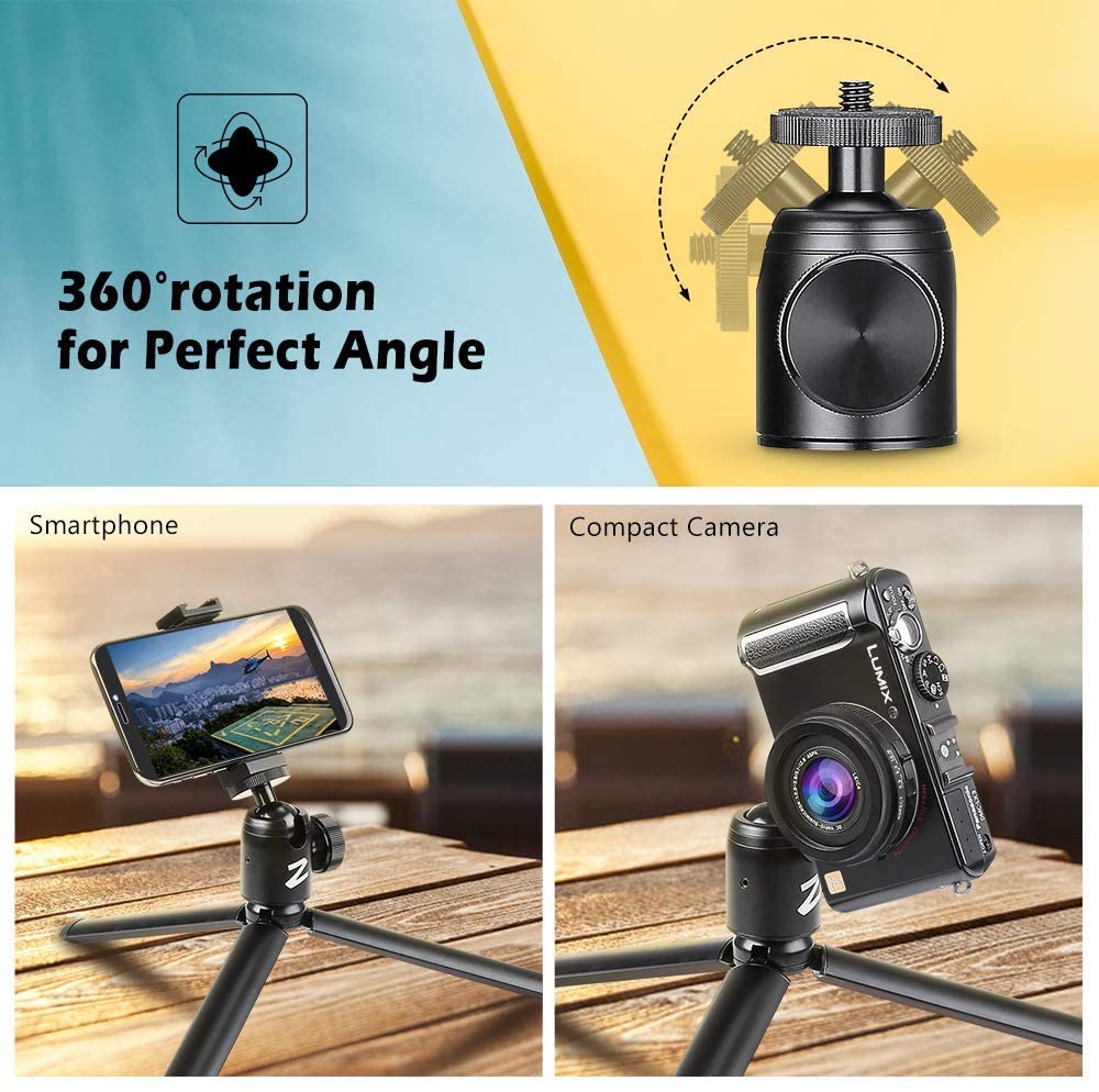 Zeadio Metal Mini Tripod + Ball Head Mount, with 1/4 Inch Screw Desktop Tabletop Stand Tripod, Fits for Smooth 4, Osmo Mobile, Vimble 2, Gimbal Handle Grip Stabilizer and All Cameras