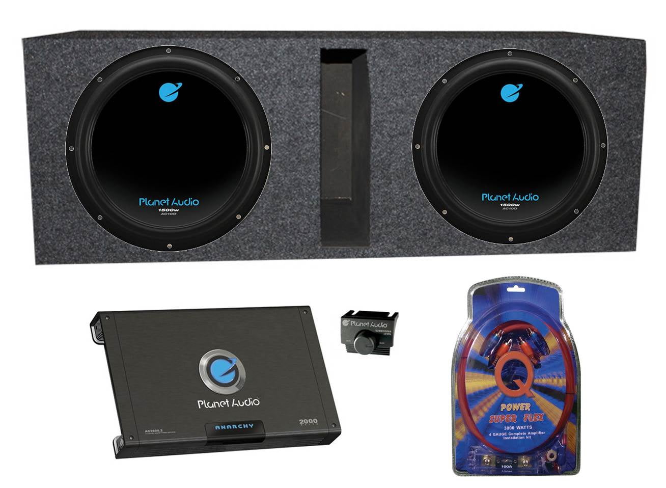 Amp Kit Vented Box 2 Planet Audio AC10D 10 3000W Subwoofers 2 Channel Amp 