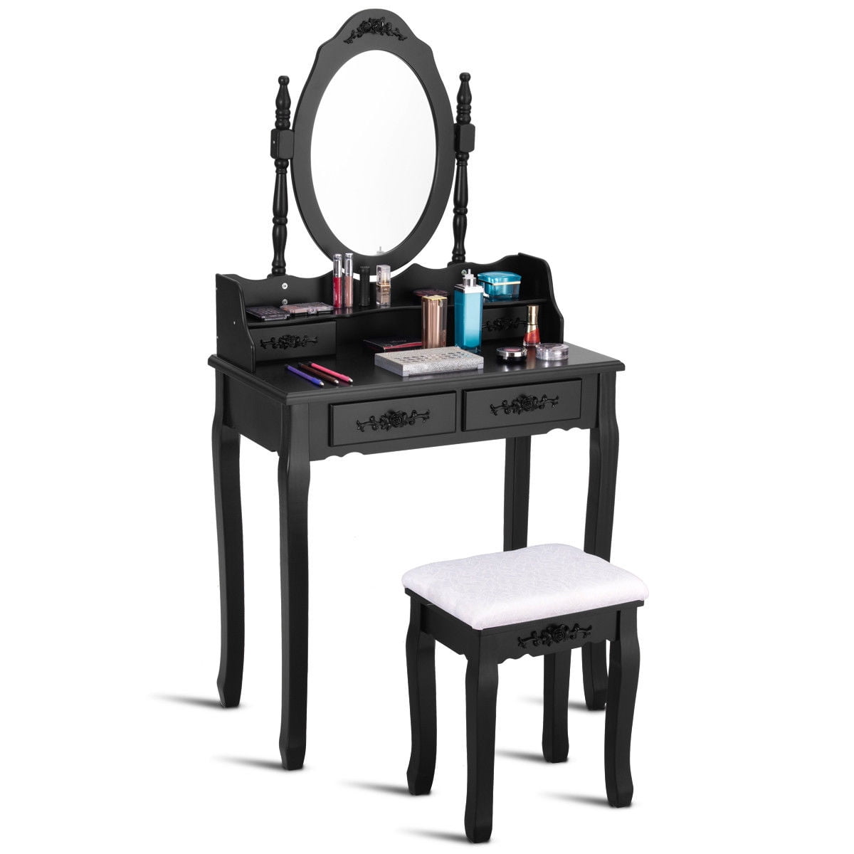 Ghp Black Mdf Pine Wood Vanity Makeup Dressing Table With Stool Rotating Mirror