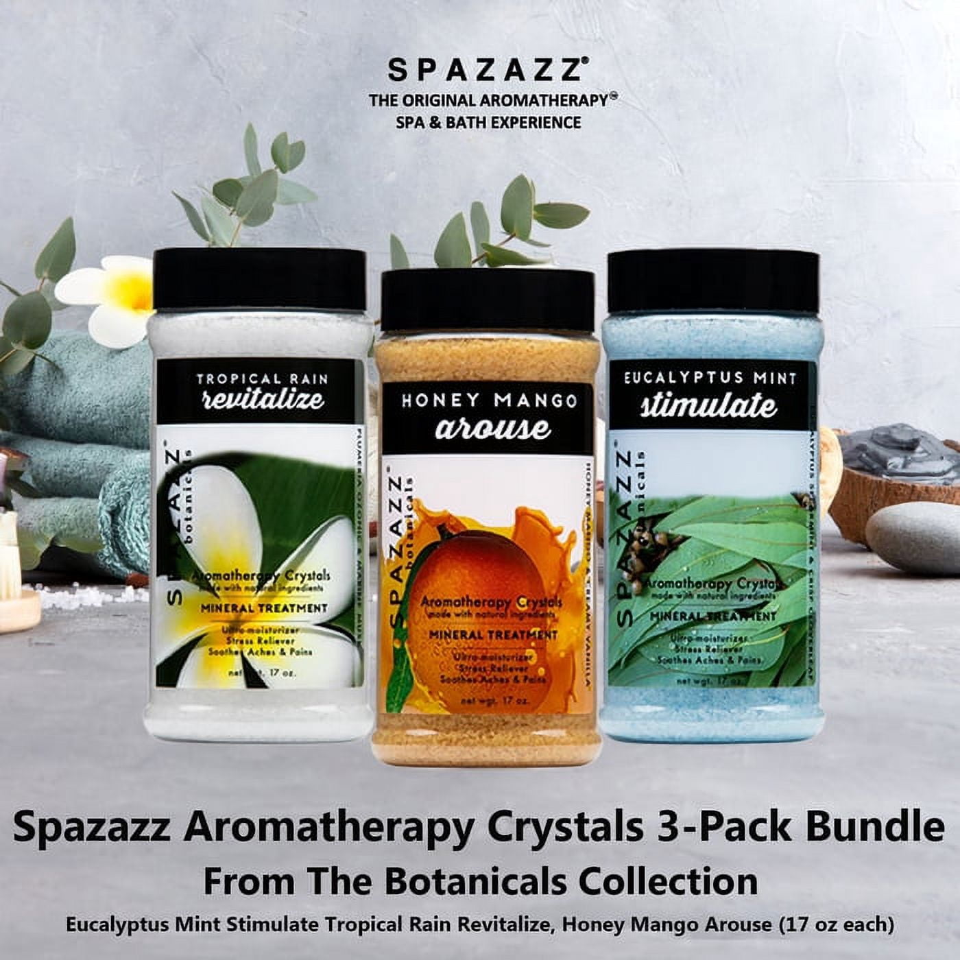 Spazazz Hot Tub Aromatherapy Bath Salt Crystals 3-Pack Bundle - Eucalyptus Mint Stimulate - Tropical Rain Revitalize - Honey Mango Arouse - Botanicals Collection Scents For Relaxing In Spas  (17 oz)