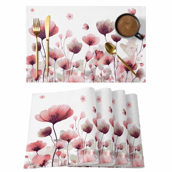 Watercolor Flowers Placemats Set of 12, Spring Pink Ink Floral Botanical Placemats for Dining Table, Place Mats for Kitchen Tabletop, Waterproof Wipeable Dining Table Mats Set