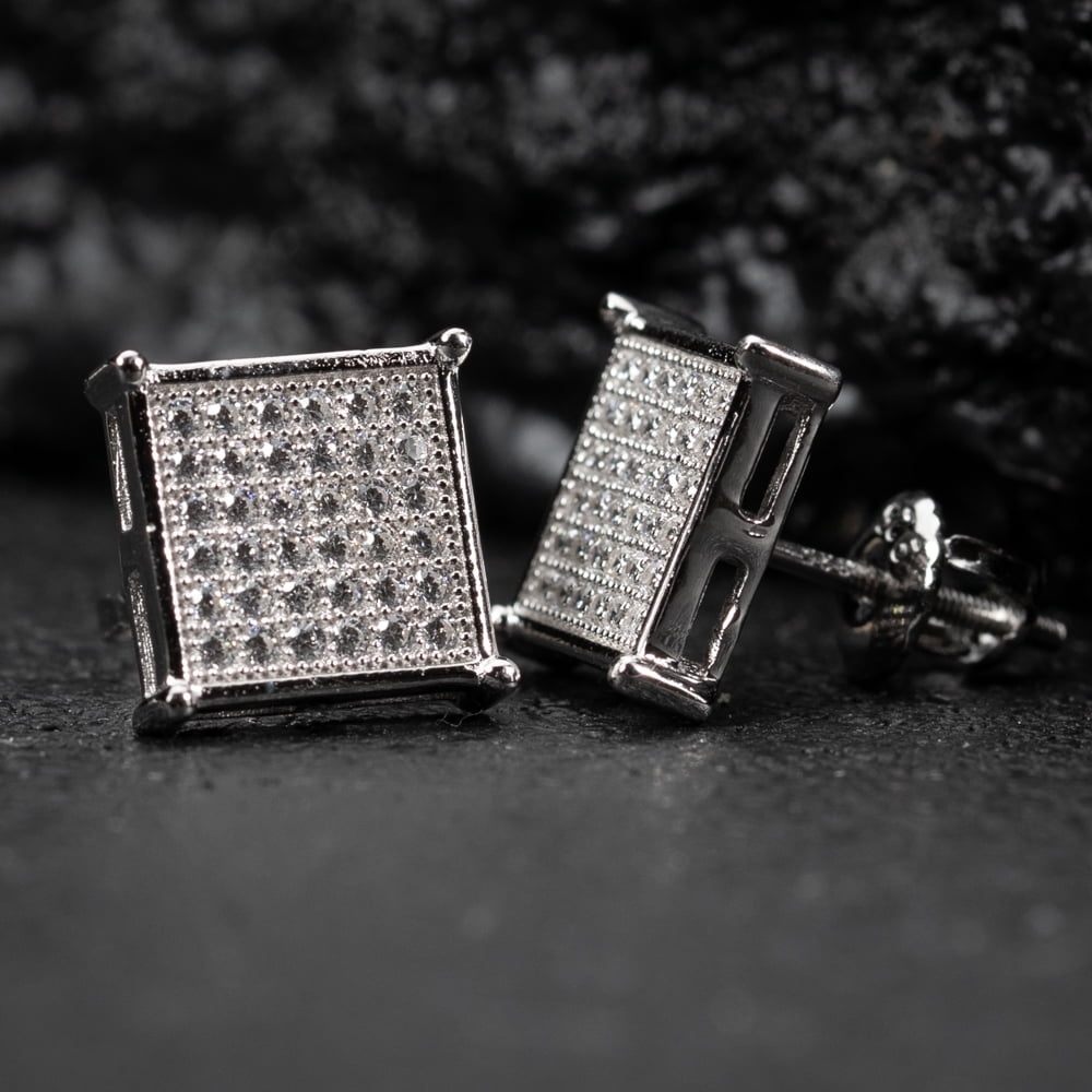Square Flat Screen Micro Pave Hip Hop 10mm White Gold 925 Sterling Silver Men's Screw Back Stud Earrings