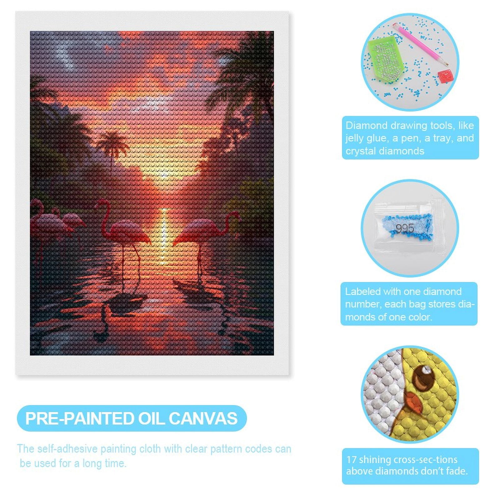 Diamond Art Kits for Adults, Sunset Flamingos Tropical Waterway 5D Diamond Painting Kits for Adults Beginners, DIY Full Drill Diamond Painting, Gem Art and Crafts 12x16