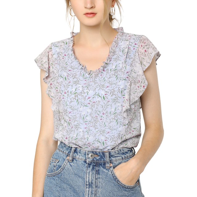 Unique Bargains Blouse à Volants pour Femmes Florale Décontractée Col en V Manches Courtes