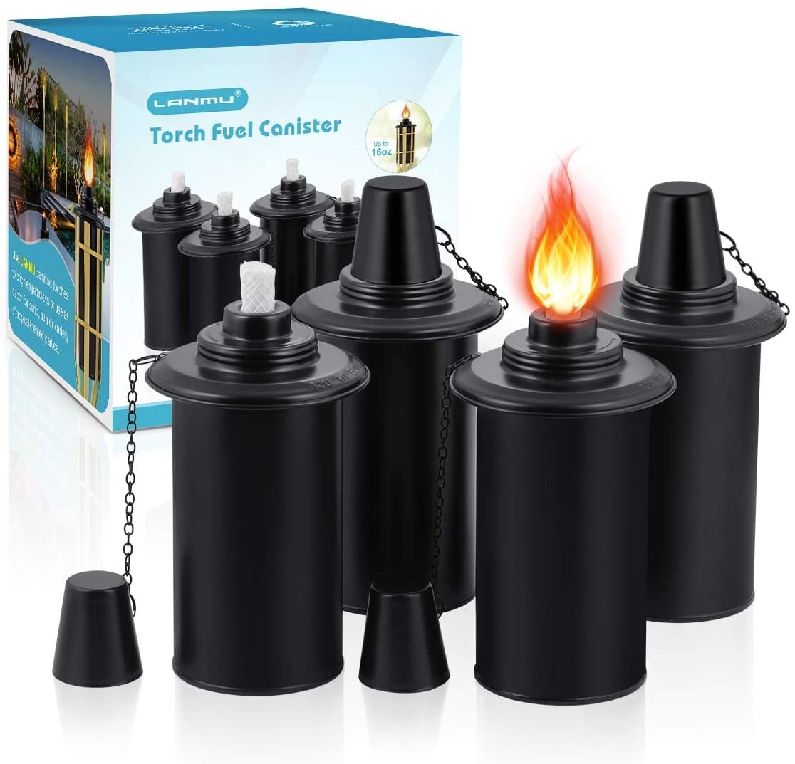 4 Pack Includes Fiberglass Wick. Easy Fill Opening Backyadda Torch Replacement Canister 16 oz. Compatible with Most Tiki Brand Brand Metal and Bamboo Torches 