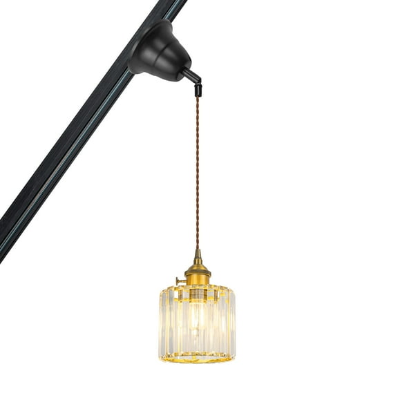 KAYYELAMP Tilt Position Track Light J-Type Gold Base Crystal Shade Adjusted Cord Modern Pendant Light for Inclined Position Roof(No Bulb, Track)