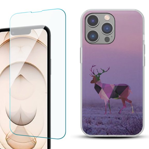 Slim-Fit Gel TPU Phone Case for iPhone 14 Pro, with Tempered Glass Screen Protector, by OneToughShield ® - Deer/Polygon