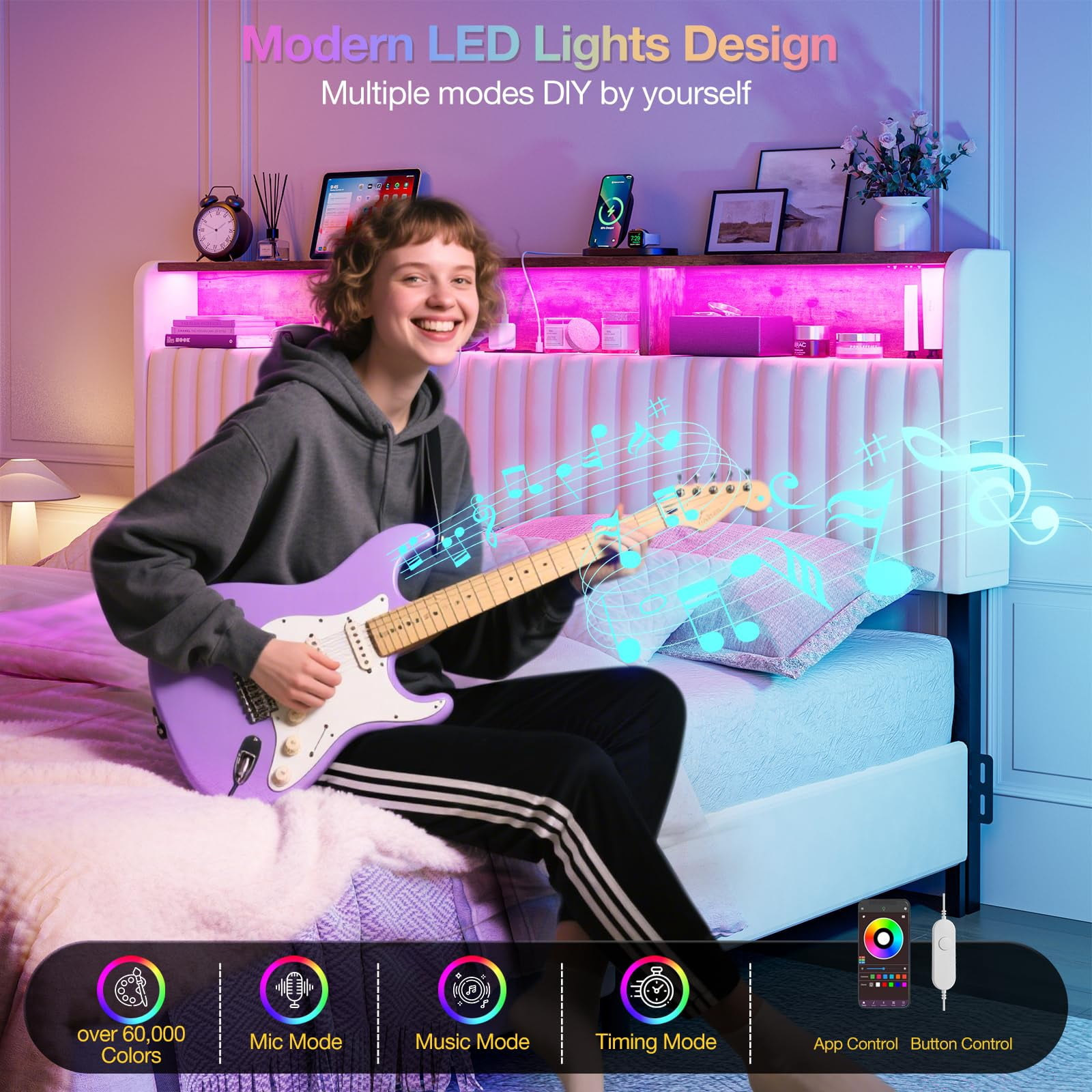 ARICOEASY King Size Headboard Modern Velvet Upholstered Headboard with Storage Shelf, LED Lights & USB Charging Station, Adjustable Height Freestanding Bed Headboard Only, White